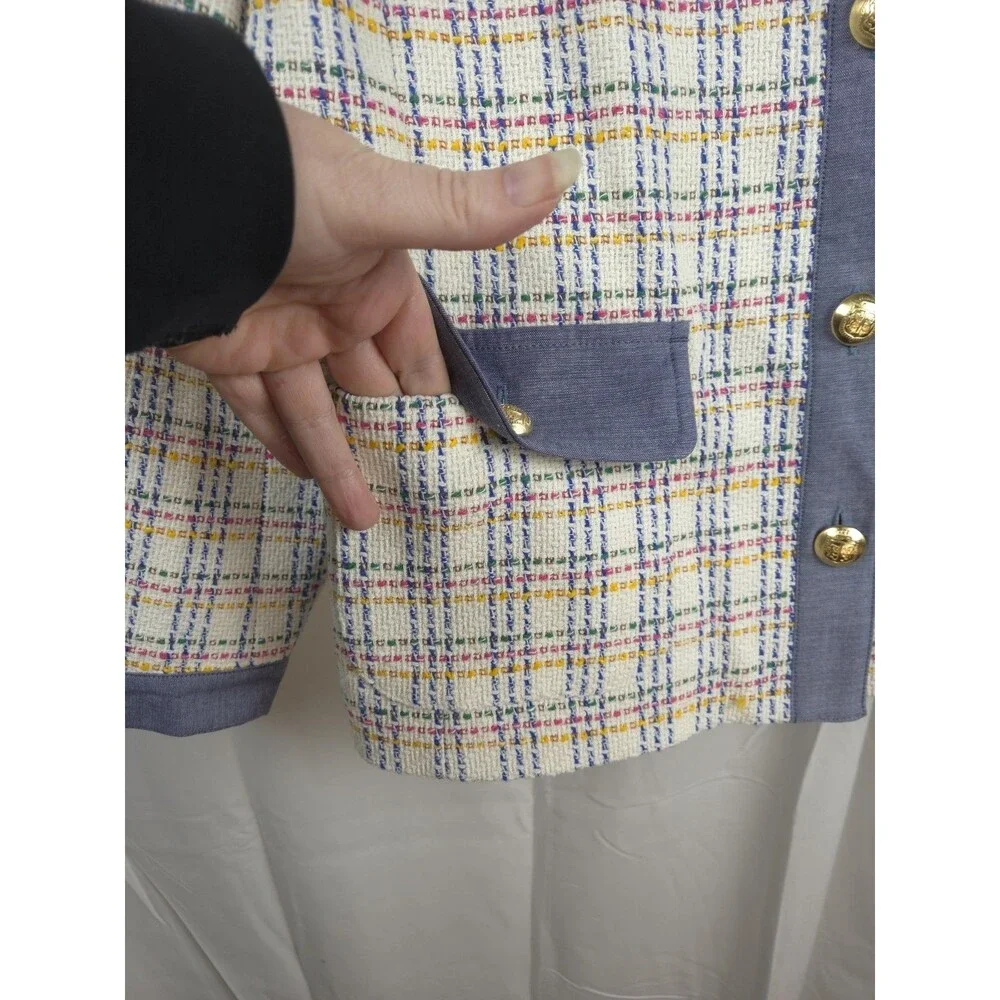 Talbots Tweed Jacket Blazer 16 Multicolor Plaid Gold Button Crop Long Sleeve - Picture 3 of 9